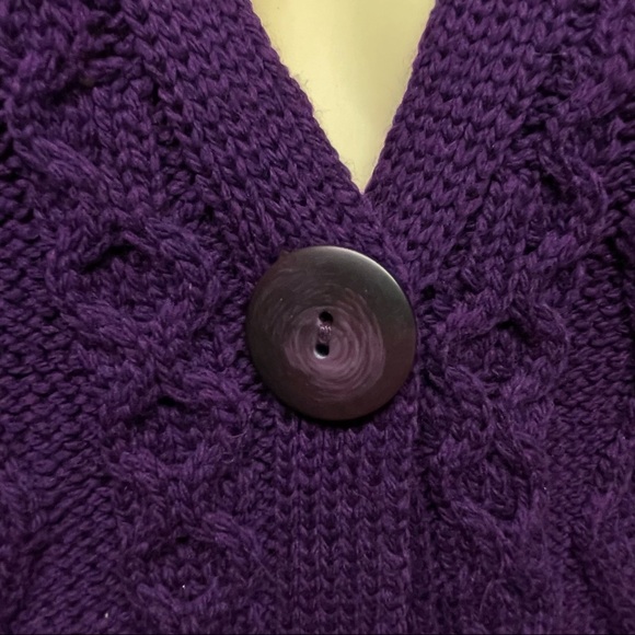 ARAN CRAFTS Merino Wool Chunky Knit Single Button Cardigan Sweater Purple XS S - Picture 7 of 13